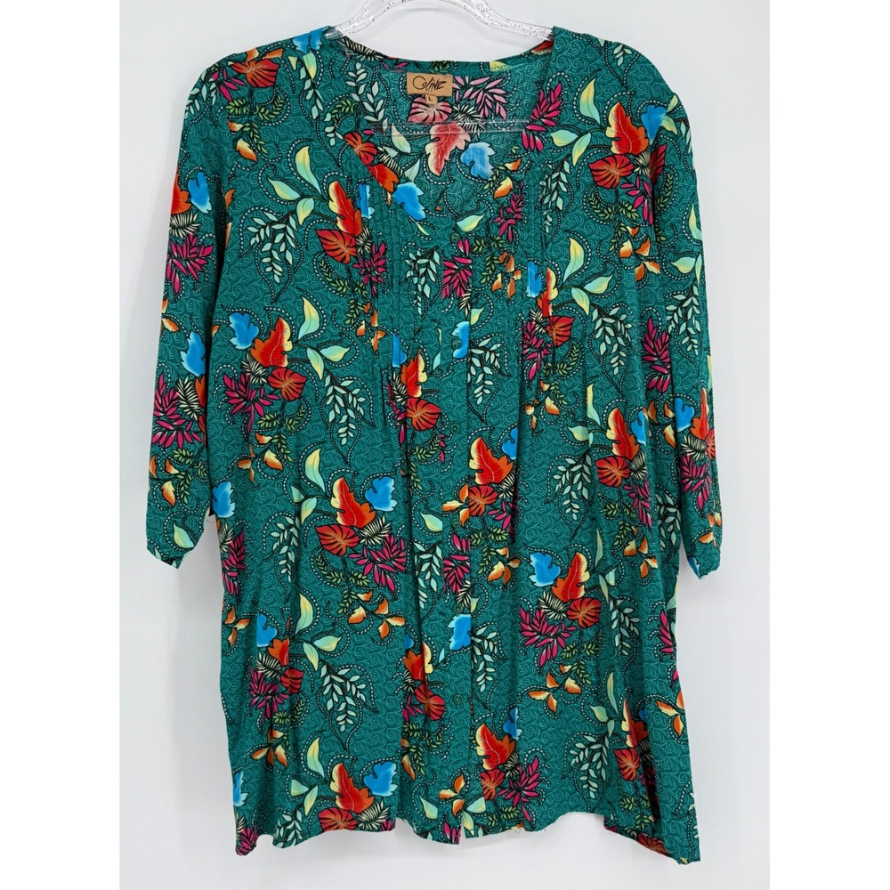 Coline Women Teal Green Tropical Floral‎ Pleated Front Viscose Tunic Top Sz L